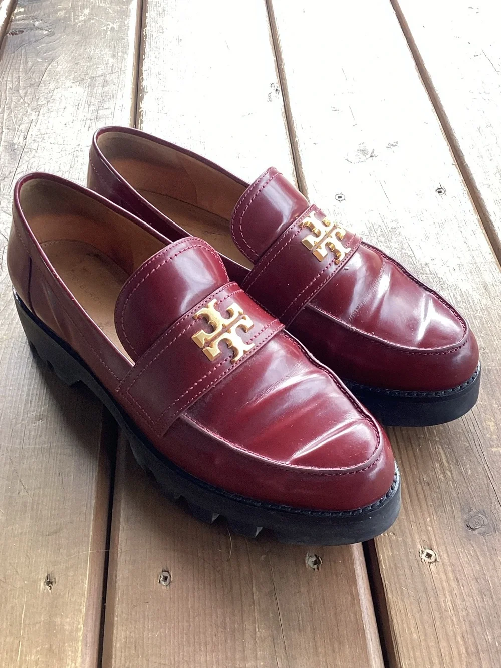Tory Burch Everly Chunky Leather Lug Loafers Logo Burgundy Shoes , 11